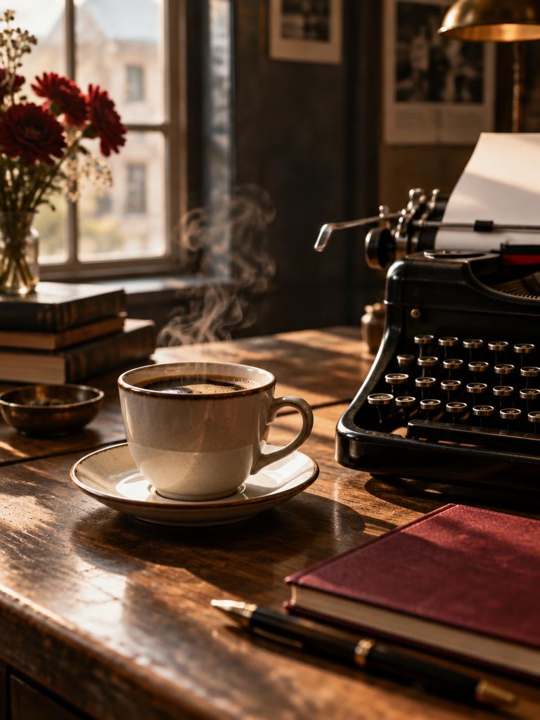 Hot coffee beside a vintage typewriter
