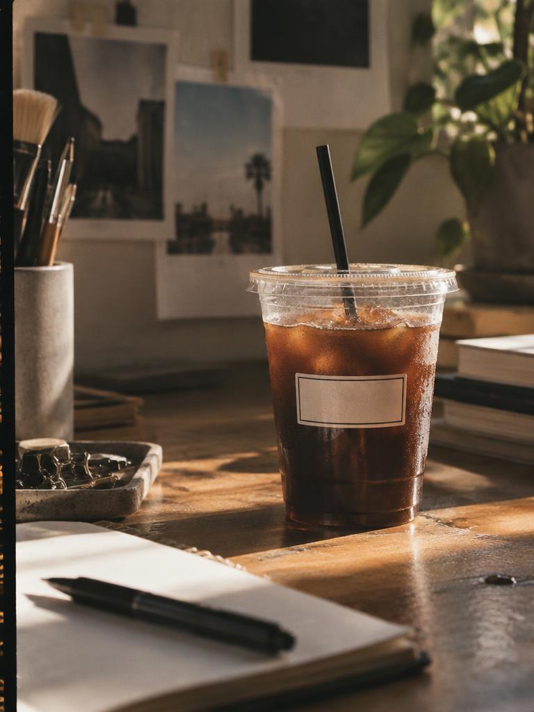 Iced coffee on a sunlit desk beside a notebook