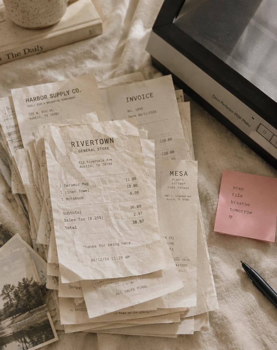 A stack of paper invoices and receipts beside a scanner