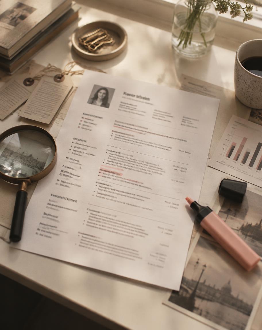 A printed resume marked up with a highlighter and magnifying glass
