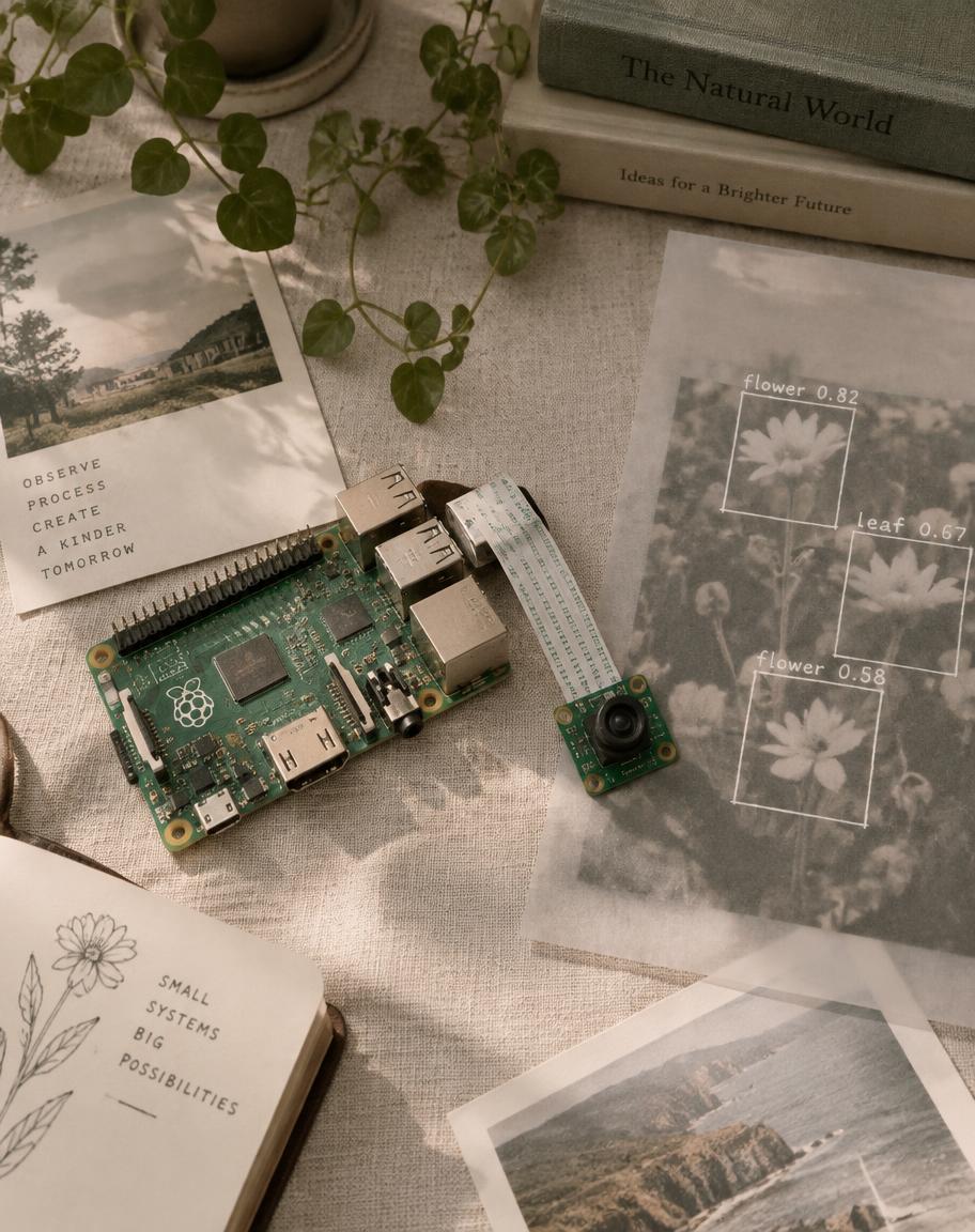 A single board computer with a camera module beside object detection overlays
